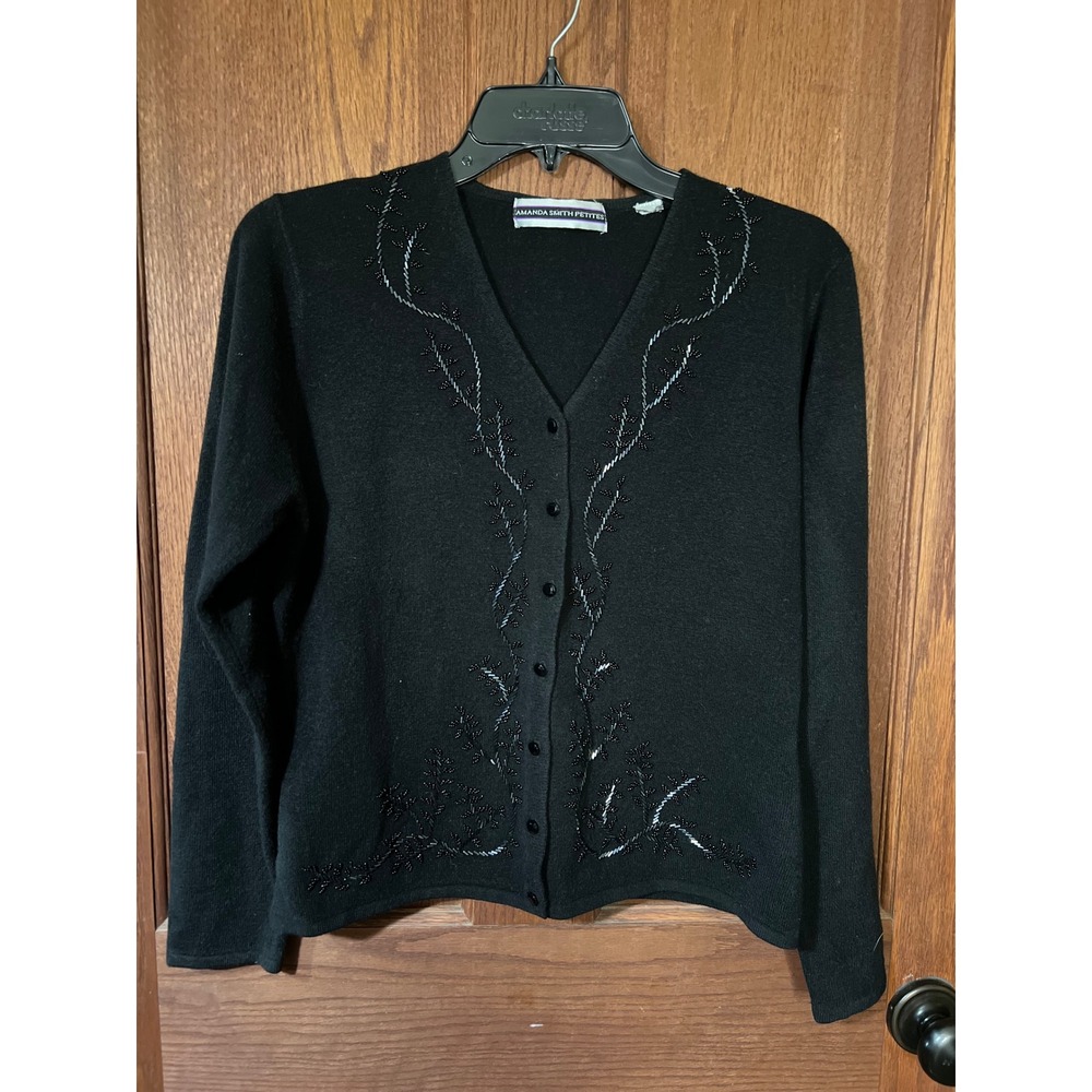 Amanda Smith Petites Black‎ Beaded Cardigan Sweater Women's S/M V-Neck